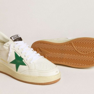 Golden Goose Men's Ball Star Sneakers 2 With Green Leather Star And Metallic Leather Heel Tab GMF00804.F006971.10630