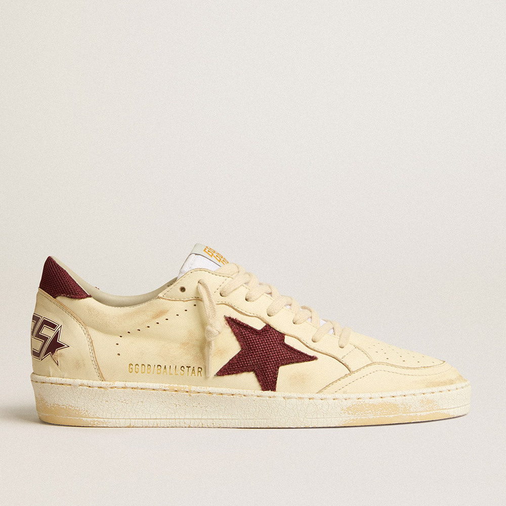 Golden Goose Men's Ball Star Sneakers In Beige Nappa With Burgundy Mesh Star And Heel Tab GMF00117.F005165.15520