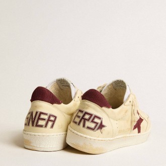 Golden Goose Men's Ball Star Sneakers In Beige Nappa With Burgundy Mesh Star And Heel Tab GMF00117.F005165.15520