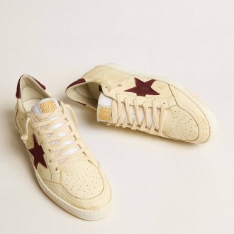 Golden Goose Men's Ball Star Sneakers In Beige Nappa With Burgundy Mesh Star And Heel Tab GMF00117.F005165.15520