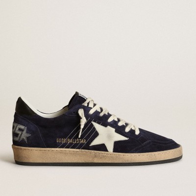 Golden Goose Men's Ball Star Sneakers In Dark Blue Suede With White Nubuck Star GMF00117.F003465.50716