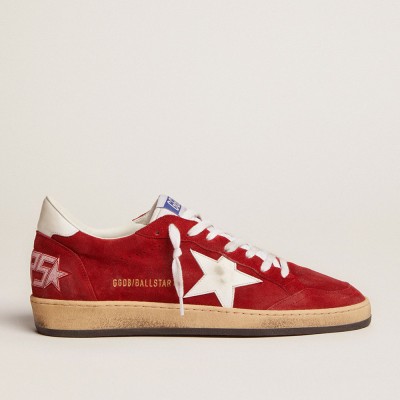 Golden Goose Men's Ball Star Sneakers In Dark Red Suede With White Star And Heel Tab GMF00117.F002588.40410