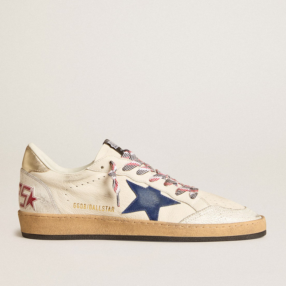 Golden Goose Men's Ball Star Sneakers In Nappa Leather With Blue Suede Star And Platinum Leather Heel Tab GMF00117.F006014.82684