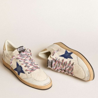 Golden Goose Men's Ball Star Sneakers In Nappa Leather With Blue Suede Star And Platinum Leather Heel Tab GMF00117.F006014.82684