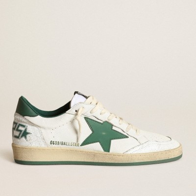 Golden Goose Men's Ball Star Sneakers In White Nappa Leather With Green Leather Star And Heel Tab GMF00117.F000325.10502