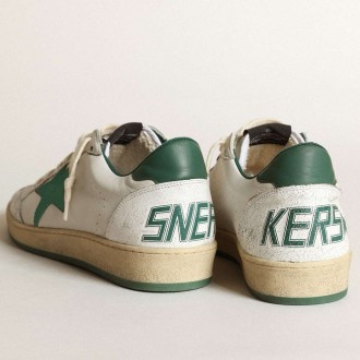 Golden Goose Men's Ball Star Sneakers In White Nappa Leather With Green Leather Star And Heel Tab GMF00117.F000325.10502