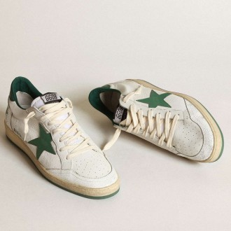 Golden Goose Men's Ball Star Sneakers In White Nappa Leather With Green Leather Star And Heel Tab GMF00117.F000325.10502