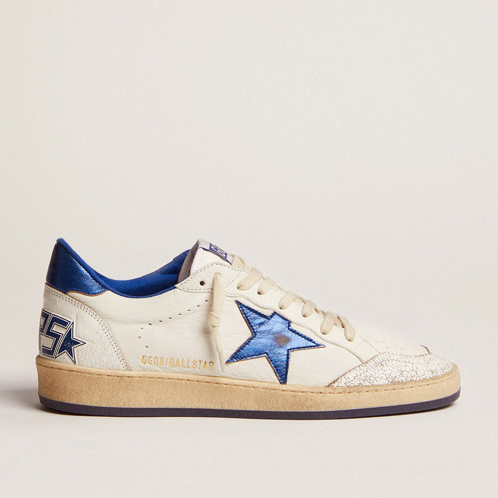 Golden Goose Men's Ball Star Sneakers In White Nappa With Blue Star And Heel Tab GMF00117.F002198.10327