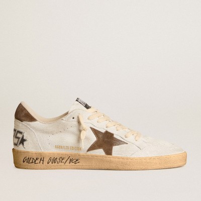 Golden Goose Men's Ball Star Sneakers In White Nubuck Leather With Brown Suede Star And Heel Tab GMF00117.F005981.11706