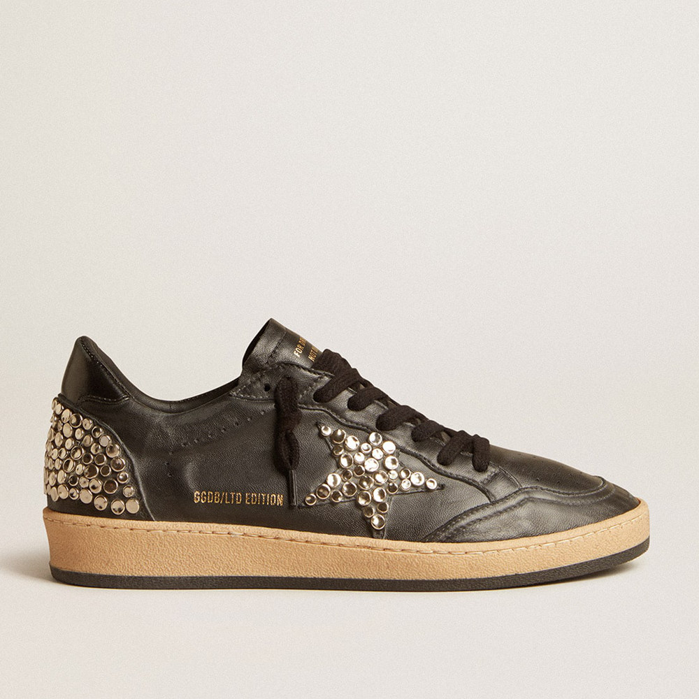 Golden Goose Men's Ball Star Sneakers LAB In Black Nappa With Studded Black Leather Star GMF00117.F004375.90100