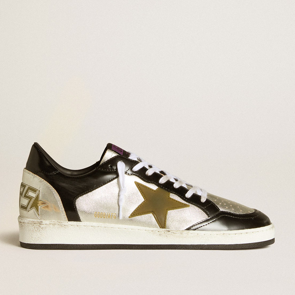 Golden Goose Men's Ball Star Sneakers LAB In Silver Leather With Brown Leather Star And Black Heel Tab GMF00800.F006424.82779