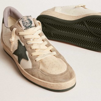 Golden Goose Men's Ball Star Sneakers LTD In Nappa With Green Star And Dove-gray Suede Inserts GMF00117.F005837.82653