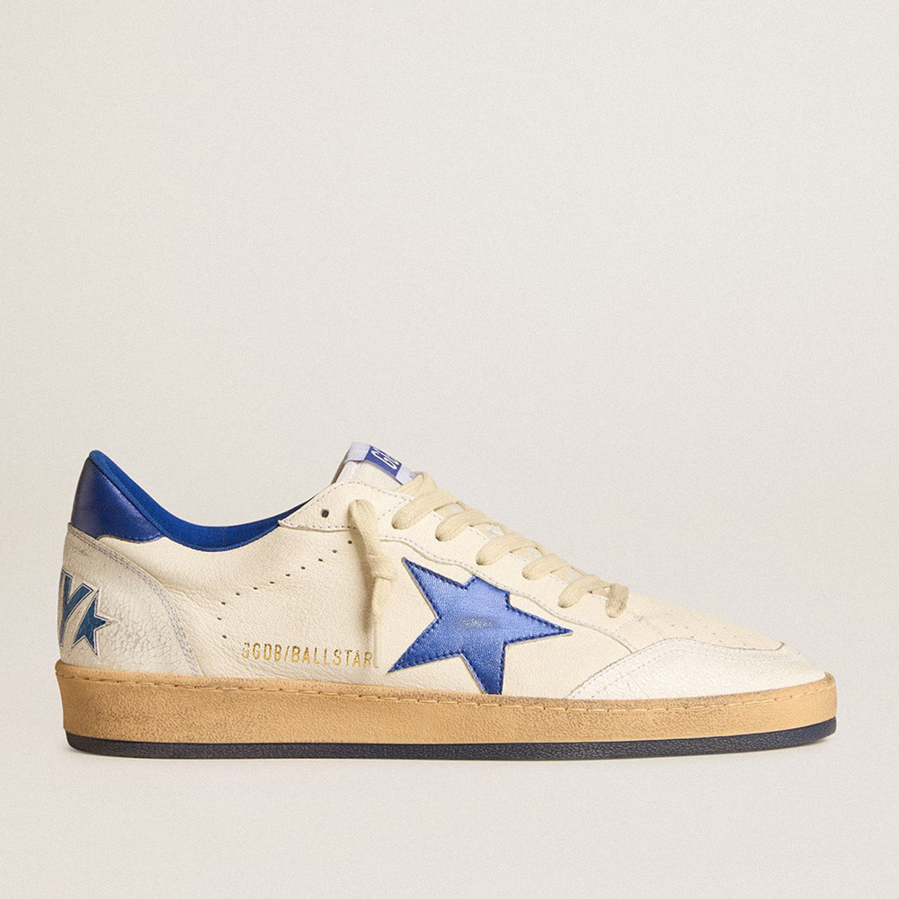 Golden Goose Men's Ball Star Sneakers Wishes In White Nappa Leather With A Bright Blue Star And Heel Tab GMF00117.F005822.10793