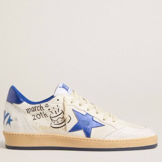 Golden Goose Men's Ball Star Sneakers Wishes In White Nappa Leather With A Bright Blue Star And Heel Tab GMF00117.F005822.10793