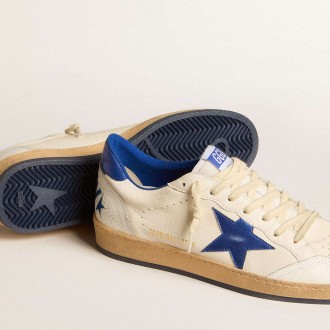 Golden Goose Men's Ball Star Sneakers Wishes In White Nappa Leather With A Bright Blue Star And Heel Tab GMF00117.F005822.10793