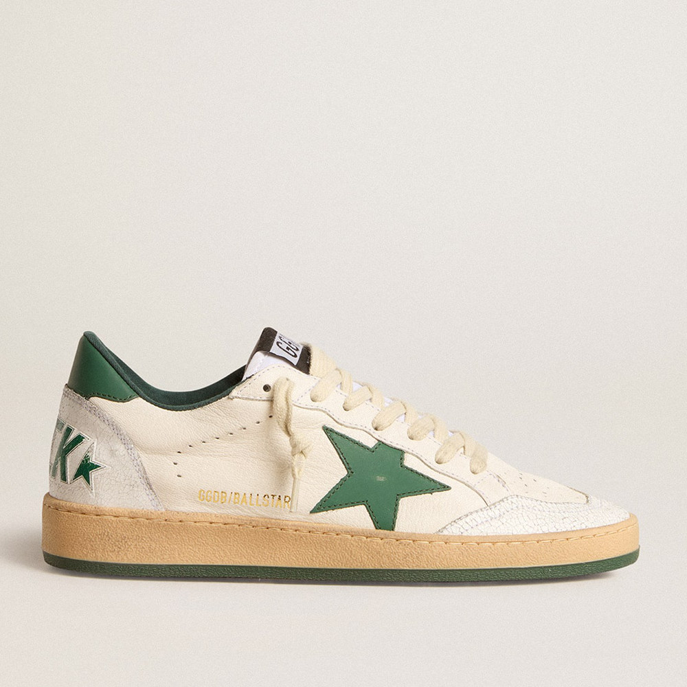 Golden Goose Men's Ball Star Sneakers Wishes In White Nappa Leather With Green Leather Star And Heel Tab GMF00117.F005821.10361