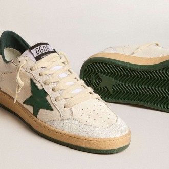 Golden Goose Men's Ball Star Sneakers Wishes In White Nappa Leather With Green Leather Star And Heel Tab GMF00117.F005821.10361