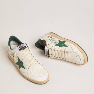 Golden Goose Men's Ball Star Sneakers Wishes In White Nappa Leather With Green Leather Star And Heel Tab GMF00117.F005821.10361