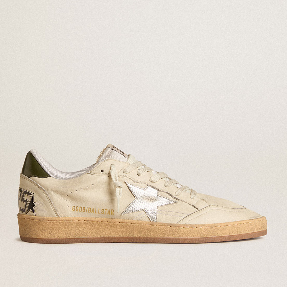 Golden Goose Men's Ball Star Sneakers With Silver Leather Star And Green Leather Heel Tab GMF00117.F006009.82681