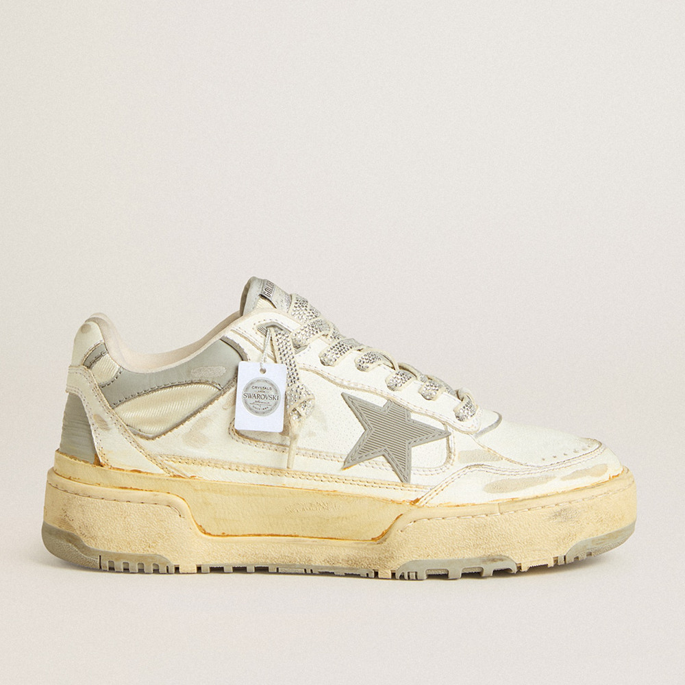 Golden Goose Men's Forty2 Sneakers In White Leather With Laces With Swarovski Crystals And Gray Star GMF00630.F007038.10973