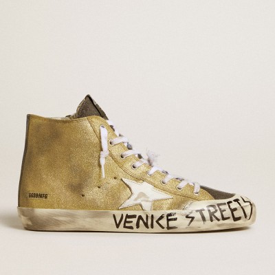 Golden Goose Men's Francy Sneakers LAB In Golden Glitter With White Leather Star GMF00799.F006428.82782