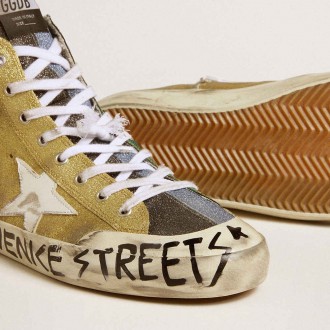 Golden Goose Men's Francy Sneakers LAB In Golden Glitter With White Leather Star GMF00799.F006428.82782