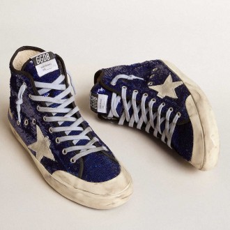 Golden Goose Men's Francy Sneakers Penstar In Blue Sequins With Ice-gray Suede Star GMF00114.F005512.50588