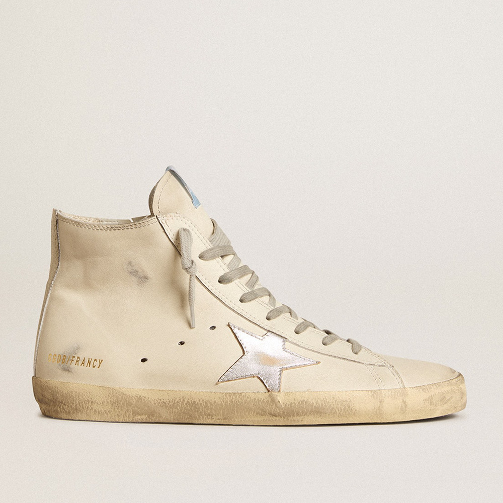 Golden Goose Men's Francy Sneakers Penstar In White Leather With Silver Metallic Leather Star GMF00113.F005985.11881