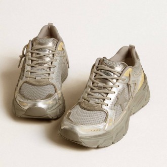 Golden Goose Men's Lightstar Sneakers In Metallic Leather And Silver Mesh With Gray Star GMF00724.F006475.70138