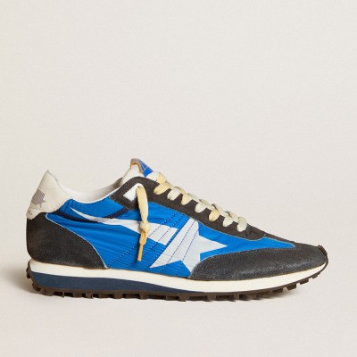 Golden Goose Men's Marathon Shoes With Blue Nylon Upper And White Star GMF00683.F005463.50738