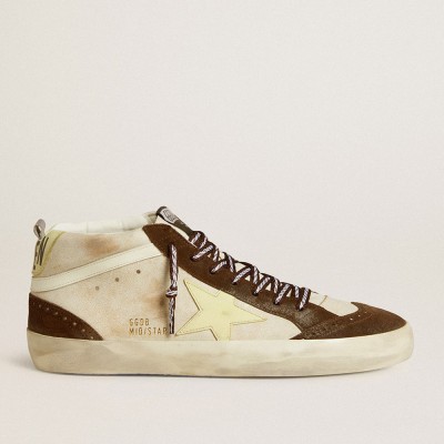 Golden Goose Men's Mid Star Sneakers In Beige Glitter With Yellow Suede Star And Cotton Flash GMF00122.F006678.82845