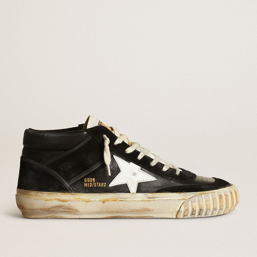 Golden Goose Men's Mid Star Sneakers In Black Nappa And Suede With White Leather Star GMF00408.F003450.80203