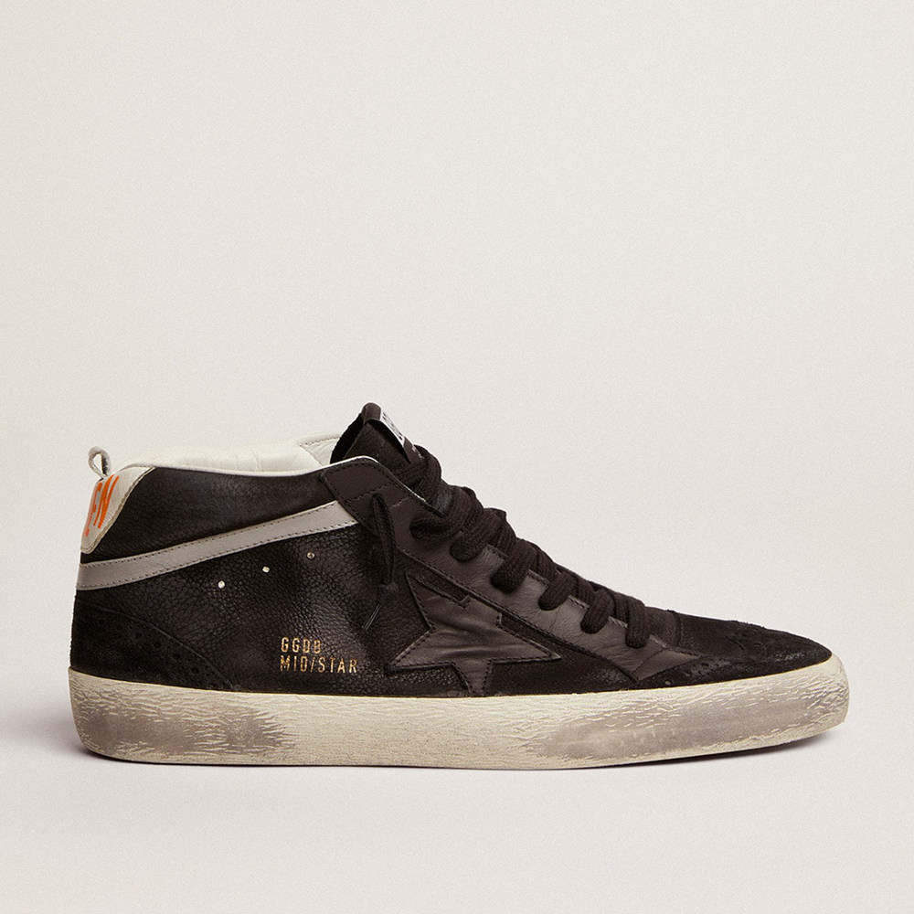 Golden Goose Men's Mid Star Sneakers In Nubuck With Black Leather Star And Silver Flash GMF00122.F003048.90178