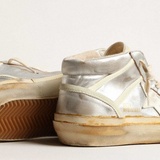 Golden Goose Men's Mid Star Sneakers In Silver Metallic Leather With Ivory Star GMF00408.F004083.70259