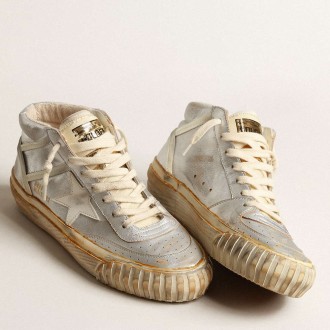 Golden Goose Men's Mid Star Sneakers In Silver Metallic Leather With Ivory Star GMF00408.F004083.70259