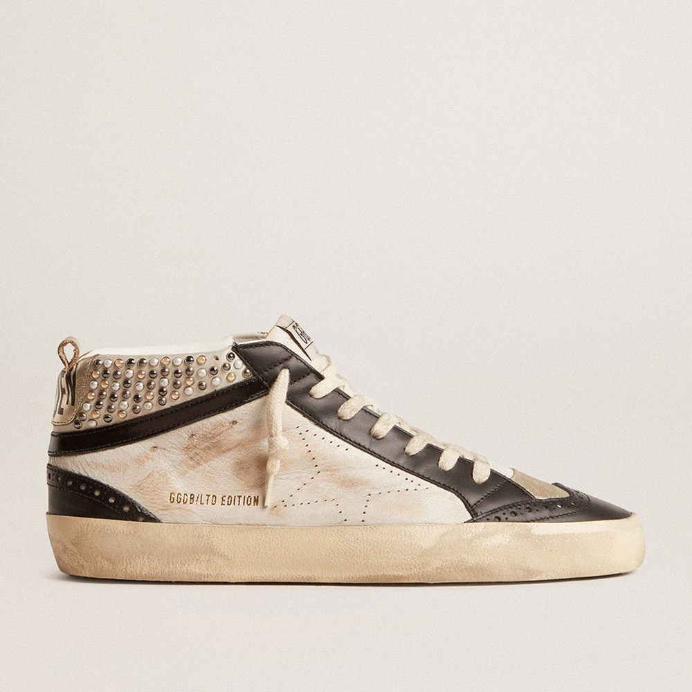 Golden Goose Men's Mid Star Sneakers LTD In Black And White Leather With Pearls And Perforated Star GMF00247.F005950.82373