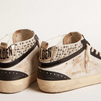 Golden Goose Men's Mid Star Sneakers LTD In Black And White Leather With Pearls And Perforated Star GMF00247.F005950.82373