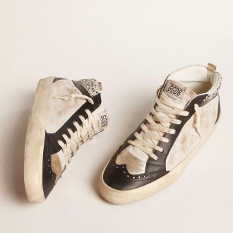 Golden Goose Men's Mid Star Sneakers LTD In Black And White Leather With Pearls And Perforated Star GMF00247.F005950.82373