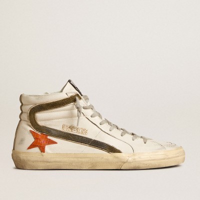 Golden Goose Men's Nappa Leather Slide Sneakers With Orange Croc-print Star And Green Suede Flash GMF00115.F006036.11890