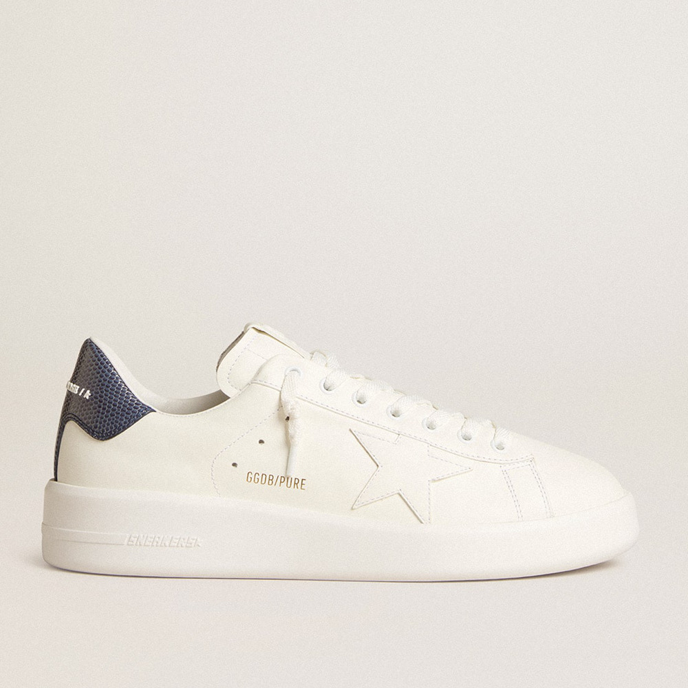 Golden Goose Men's Purestar Sneakers In Leather With White Star And Blue Lizard Leather Heel Tab GMF00197.F005983.11878