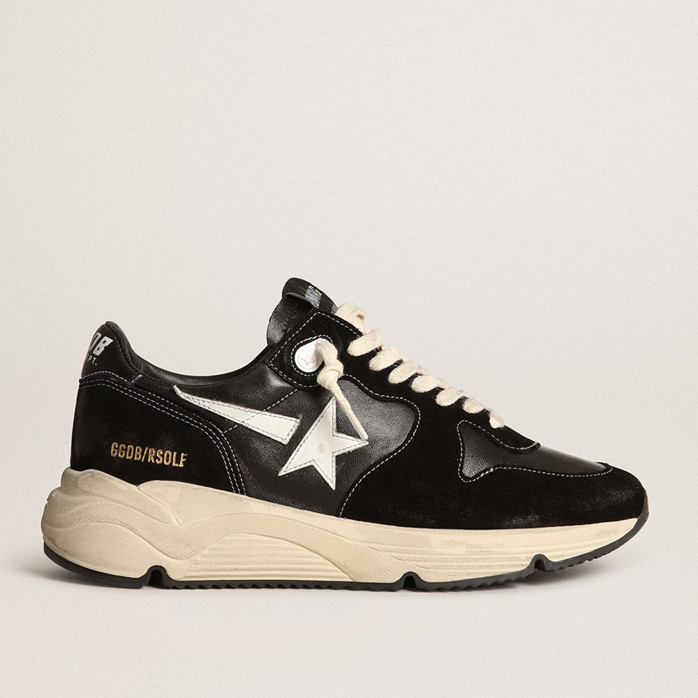 Golden Goose Men's Running Sole Shoes In Black Nappa Leather And Suede With A White Star GMF00126.F003775.90352