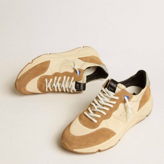 Golden Goose Men's Running Sole Shoes In Ivory Nylon And Tobacco Suede GMF00272.F005265.15537