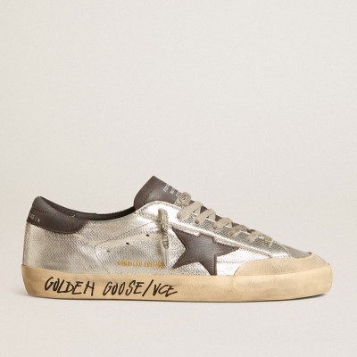 Golden Goose Men's Silver Super-Star Sneakers LTD With Black Nubuck Star And Heel Tab GMF00107.F006023.70307