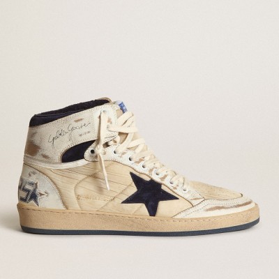 Golden Goose Men's Sky-Star Sneakers In Cream-colored Nylon And Leather With Blue Suede Star GMF00230.F003339.10357