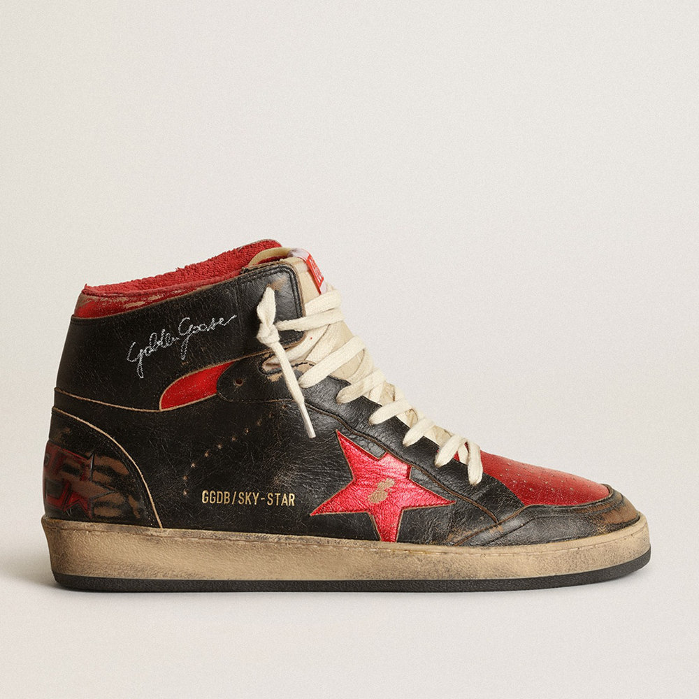 Golden Goose Men's Sky-Star Sneakers In Glossy Black Leather With Red Star GMF00230.F003285.90235