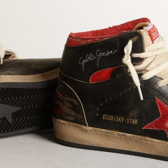 Golden Goose Men's Sky-Star Sneakers In Glossy Black Leather With Red Star GMF00230.F003285.90235