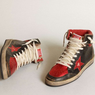 Golden Goose Men's Sky-Star Sneakers In Glossy Black Leather With Red Star GMF00230.F003285.90235