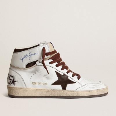 Golden Goose Men's Sky-Star Sneakers In White Nappa Leather With A Chocolate Suede Star GMF00230.F004005.11362