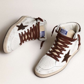 Golden Goose Men's Sky-Star Sneakers In White Nappa Leather With A Chocolate Suede Star GMF00230.F004005.11362