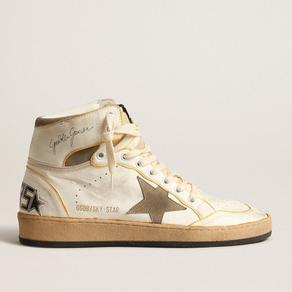 Golden Goose Men's Sky-Star Sneakers In White Nappa Leather With Dove-gray Suede Star GMF00230.F004089.10961